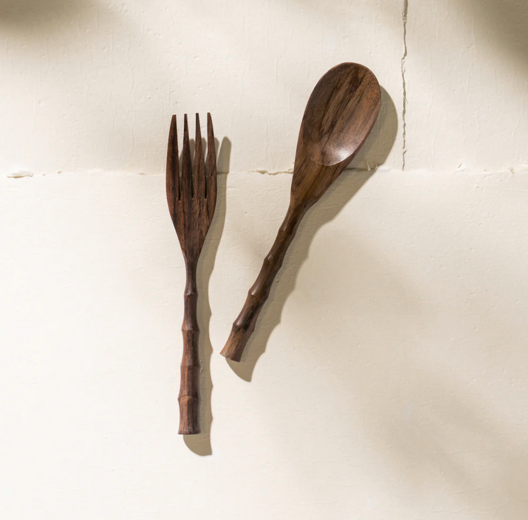 HAND CARVED 18CM MINI ROSEWOOD SALAD SERVERS